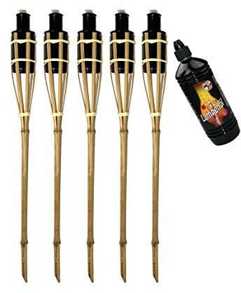 Moritz 5X Bambusfackeln Fackel 90 cm Standard Natur + 1x 1000ml Lampenöl Gartenfackel Ölfackeln Garten Deko Öllampe Wegleuchte