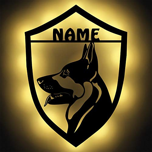 Namofactur personalisierte Schäferhund-Wandlampe aus Holz | Mit Wunschname, Batteriebetrieb und Farbauswahl – dekoratives Hundemotiv für Hundefans und Wohnräume