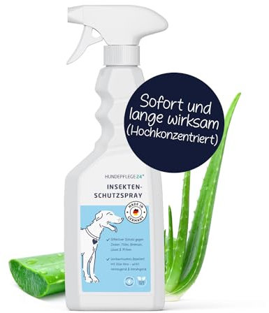 Hundepflege24 Zeckenspray für Hunde - Hochwirksamer Floh und Zeckenschutz für Hunde und Katzen mit Geraniol und Aloe Vera - Insektenschutz gegen Zecken, Flöhe, Milben, Läuse, Mücken - 500ml