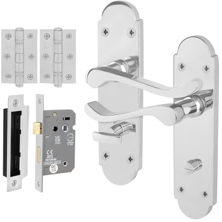 EAI Polished Chrome Door Handles with Bathroom Lock 64mm and Hinges | Complete Bathroom Kit with 1 Pair of Victorian Scroll Lever Door Handles, 64mm Bathroom Lock, Hinges, Fixings Included