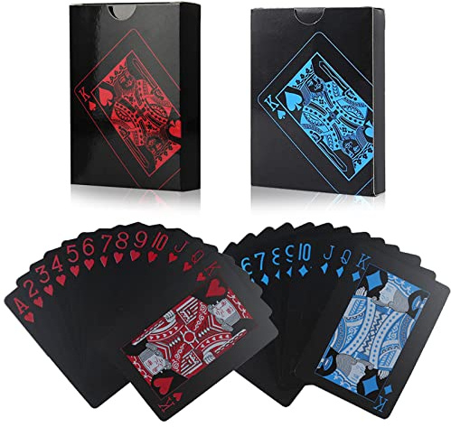 Spielkarten, 2 Decks Coole Schwarze Kunststoff-Spielkarten, Wasserdichte Pokerkarten, Klassisches Zaubertrick-Tool, Standard-Deck 54 Poker, Perfekt für Familienfeier, Spiel, Geschenk