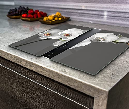 Hob Cover Induction Electric Cooker Chopping Board Glass Set 2 Parts White Orchid on The Grey Background (2X Wide 30 x Height 52/cm)