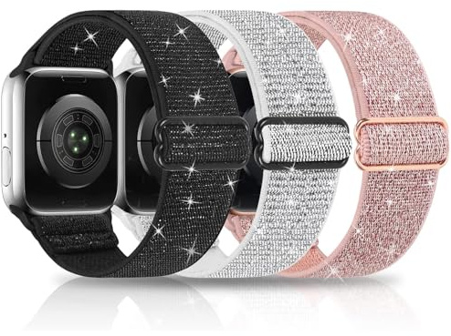 Stretchy Nylon Bling Straps Compatible with Apple Watch Strap 38mm 40mm 41mm 42mm 44mm 45mm 46mm 49mm, Adjustable Elastic Sport Women Men Band for iWatch Series Ultra 10 9 8 7 6 SE 5 4 3 2 1, 3 Packs