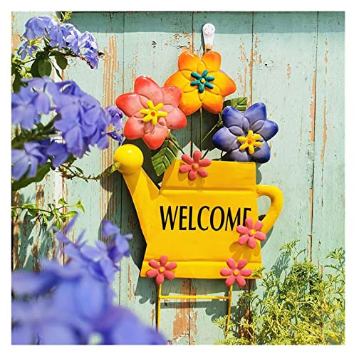 OWIEN Vintage Metall-Willkommensschild, Bauernhaus, hängende Gießkanne, Wanddekoration für Haustür, Garten-Blumentopf, 17,7 H (Color : Multi-Colored, Size : 11.0x17.7)