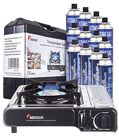Maxsun | MaXimum Edelstahl Premium Gaskocher Set | tragbarer Campingkocher | Gaskartuschen Kocher (Kocher + 12 Kartuschen + Grillplatte)