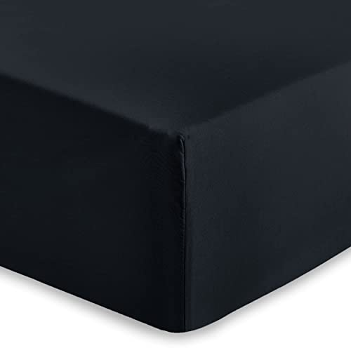 AMEHA Single Fitted Sheet 25 cm Deep Soft Brushed Microfiber Fabric Easy Care Fade Resistant Fitted Bed Sheets (Black, 91 x 191 cm)