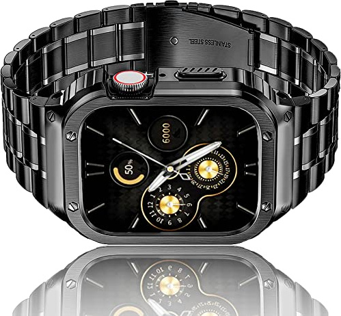 HASLFM Kompatibel mit Apple Watch Armband 38mm 40mm 41mm, Robustes Edelstahl Metall Ersatz Armband mit Gehäuse Cover für iWatch Series 9/8/7/6/5/4/3/2/1/SE3/SE2/SE für Männer, Schwarz