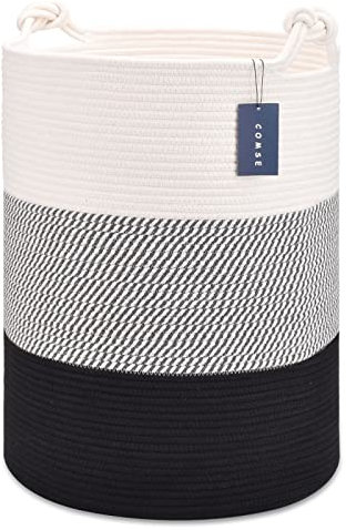 COMSE Cesto portaoggetti extra large, in corda di cotone, 40 x 55 cm, per giocattoli, vestiti, asciugamani, bianco/grigio/nero