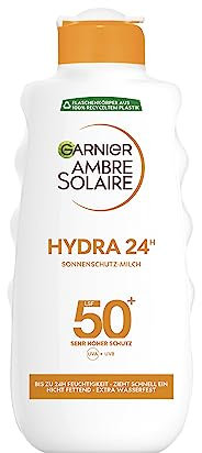 Garnier Ambre Solaire Hydra 24H Sonnenschutz-Milch LSF 50+, schnell einziehend, nicht fettend, wasserfest, 200 ml