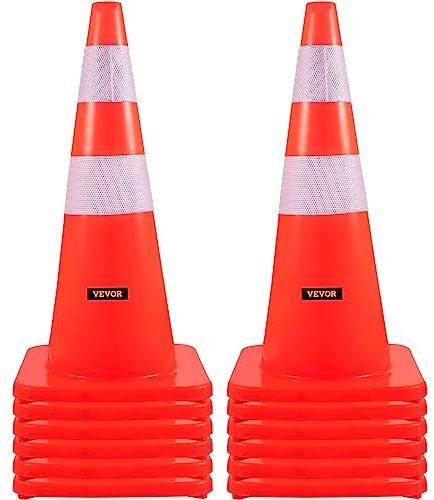 VEVOR Cône Signalisation Réfléchissant 12 Pièces 73 cm, Plot de Chantier Orange en PVC, Cône de Sécurité avec 2 Colliers Réfléchissants, pour Délimitation Stationnement d’Urgence en Route Parking