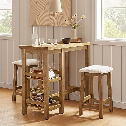 mopio Kelly Solid Wood Counter Table Set with 2 Boucle Stools, 3-Piece Small Dining Kitchen Island Table Set for 2, with Storage Shelves, for Living Room, Dining Room, Kitchen