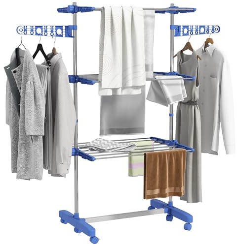 HOMCOM Wäscheständer Turm Standtrockner mit 3 Ebenen 142 x 55 x 152 cm Blau | Klappbare Flügel, Rollen, Turmwäscheständer für Innen und Außen