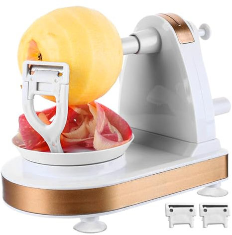 Apple Peeler Hand-cranked Multi Fruit Peeler Non-slip Fruit Machine with 2 Replacement Parer Stainless Steel Peelers for Apples Pears, White.