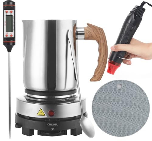Candle Making Kit with Hot Plate for Adults, Soy Candle Make Set with Wax Melter for Beginners, Imitation wood grain Pouring Pot Pitcher, Heat Gun, Thermometer, Candle Making Supplies Accessories