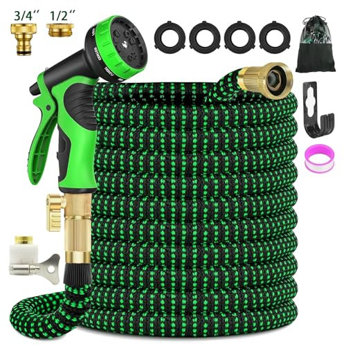 Flexibler Gartenschlauch 15m, Ausdehnbarer Wasserschlauch Flexschlauch mit 10 Sprühmustern, 3750D Strapazierfähiger 3 lagiger Latex Wasserschlauch 3/4 und 1/2 Adapter Verlängerter Gartenschlauchrohr