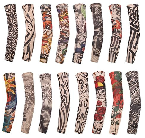 16 Pcs Arm Fake Tattoo Cover Unisex Fake Temporary Cool Tattoo Sleeves Sun Protective Moisture Body Art Nylon Seamless Soft Sunscreen Sleeves for Cycling Driving Outdoor Sports Golf Hiking