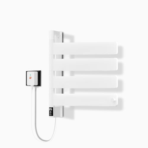 Handtuchheizkörper Elektrisch, Weiß Badheizkörper Elektrisch mit LED Anzeige, 180° Drehung Elektrischer Handtuchhalter mit Timer/Einstellbarer Temperatu, Intelligenter Thermostat- 44.4×44.4×9.5 cm