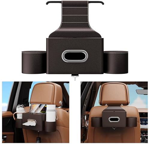Yamlten Neu auto organizer Auto Rücksitz Multifunktions-Organisator mit Getränkehalter,Tissue-Halter,Kopfstütze Haken für Kinder und Erwachsene,Auto-Reise-Zubehör mit Halterung für Handy,braun