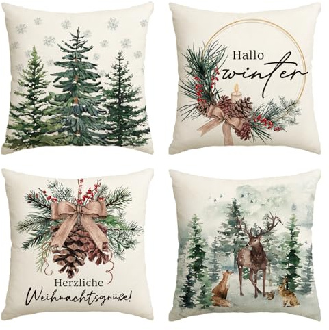 Artoid Mode tallkottar renar träd jul örngott set om 4, 50 x 50 cm hjärtliga julhälsningar dekorativa örngott kudde skydd soffa dekoration