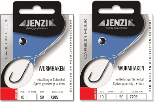Set: 2 Packungen JENZI gebundene Wurmhaken Angelhaken Carbon/Titan (20 Stück), 50cm Hakengröße 1, 2 4, 6, 8, 10, 12 & 14 je nach Auswahl + gratis Petri Heill! Aufkleber