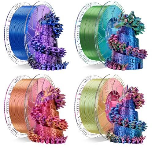 Chitu Systems Conjure Silk PLA 3D Drucker Filament, 1.75mm Tricolor Filament, Silk rot Gelb Blau, Grün + Schwarz, Lila + rot Packung von 4KG/8.8lb