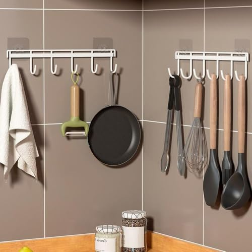 Minicoco Utensil Hooks with 6 Hooks Kitchen Utensil Holder Rail Utensil Hangers No Drilling Wall Mounted Adhesive Utensil Hooks for Kitchen, Bathroom, Bedroom (White)