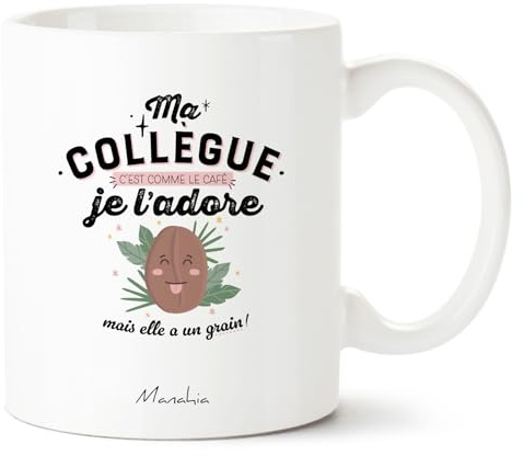 Manahia - Mug Collègue Café - Cadeau Humour Bureau - Pot de Départ | Ma collègue, elle a un grain - Tasse drôle copine de boulot, départ travail, merci - Boîte cadeau kraft - Imprimée en France