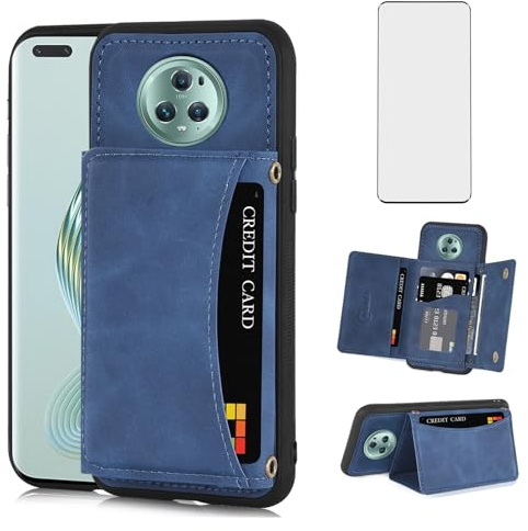 Asuwish Handyhülle für Honor Magic 5 Pro Hülle mit Glas Folie Schutzfolie Kartenfach Klappbar Leder Geldbörse Ständer Huawei Magic5 5Pro 5G Handy Hüllen Schutzhülle Schutzglas Cover Phone Case Blau