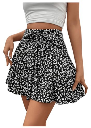 GORGLITTER Damen Shorts Weite Beine Hosenrock Locker Sommershorts Geblümt Sommer Skort Kurze Hose Shortrock mit Blümchen Schwarz und Weiß M