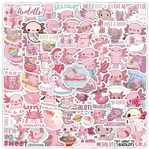100 Pcs Axolotl Stickers, Kawaii Stickers Aesthetic, Waterproof Vinyl Cute Axolotl Stickers for Water Bottles, Laptop, Skateboard, Luggage, Scrapbook, Guitar (B)