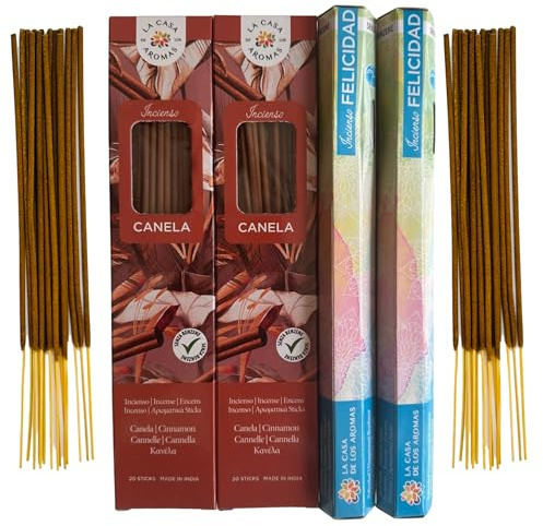 Pack Temático Inciensos Calma: Atrae la Relajación y Energías Positivas Ahuyerntando Las Malas Vibras - 80 Varillas de la India con Bolsa Anti-Humedad. Fragancias: Canela y Felicidad