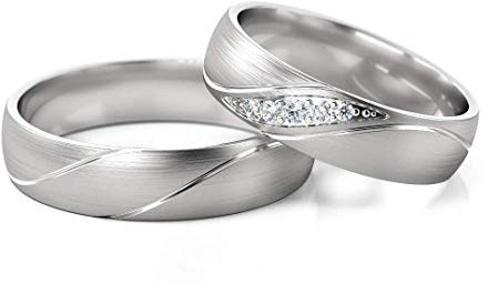 JC Trauringe Gold 333 Paarpreis Weißgold I Traumhafte Eheringe breit 5 mm I Einzigartige Partnerringe mit Gravur in edler Schatulle I 2 Hochzeitsringe Herrenring & Damenring mit Steinen I PLL284