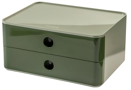 HAN Schubladenbox Allison SMART-BOX mit 2 Schubladen und Trennwand, Kabelführung, stapelbar, Utensilienbox für Büro, Schreibtisch Küche, möbelschonende Gummifüße, 1120-40, hochglänzed grün