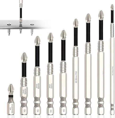 Azttior Set di 9 Inserti per Avvitatore PH2 ad alto magnetismo – Punte Avvitatore Magnetiche in acciaio K5; Punte Avvitatore Professionali per Cacciavite Elettrico (25-150mm), Codolo Esagonale 1/4