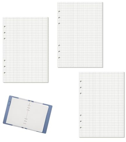 3 Packungen A5 Nachfüllpapier Kariert 6 Löcher Nachfüllbare Refill Paper Papier Kariert Nachfüllpack für Notizbuch Tagbuch Skizze Malerei
