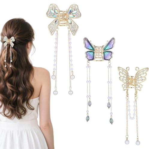 3 Stück Haarklammer Schmetterling,Haarspange Schmetterling,Butterfly Kammmgold Metall Fransen Haarspange,Künstliche Perlen Haarschmuck,Butterfly Hair Clips Flower Claw Clip,Damen Haarschmuck