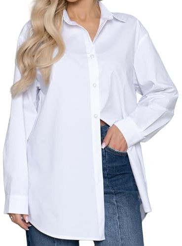 JiaYouLC Women's Longline Blouses & Shirts Ladies Oversize Stretch Casual Button Down Long Sleeve Shirts (UK, Alpha, M, Regular, Tall, White)
