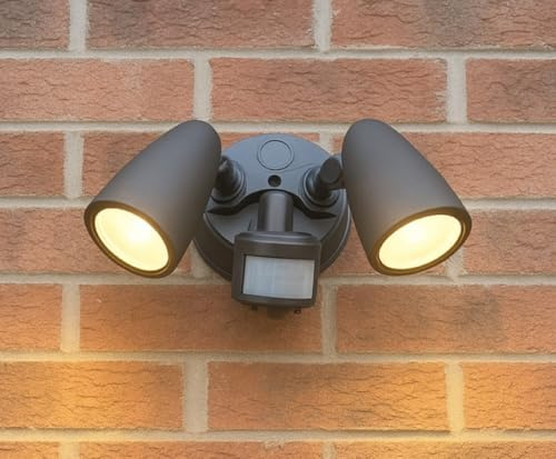 CGC Lighting Black Twin LED Spotlight Floodlight Outdoor Wall Light 2 Head Spot Security Adjustable Head Garden Porch Patio Lamp Slim Modern New Garage Shed (Security Light PIR)