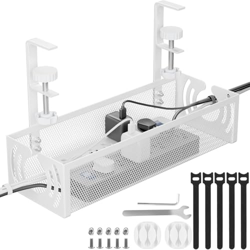 Tivddikun Cable Management, Under Desk Cable Management, Desk Cable Tidy | Cable Tray Under Desk, Under Desk Cable Management Tray No Drill with Clamp Mount, Cable Organiser for Home Office, White