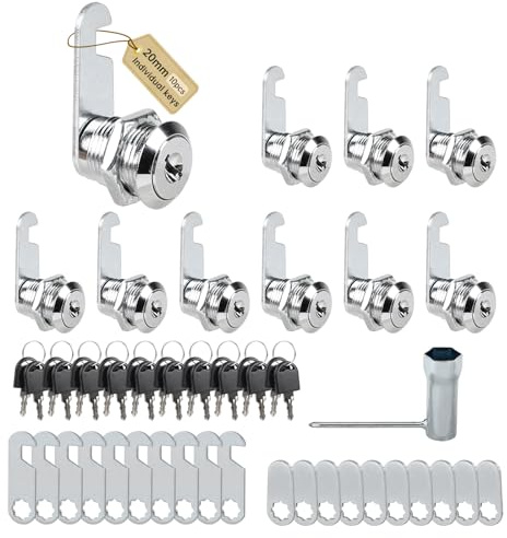 SUPAWAY 10 cerraduras para buzón, 20 mm, para muebles, con 2 placas de cerradura diferentes y 20 llaves individuales, cerradura de palanca para cajones, armarios, archivadores