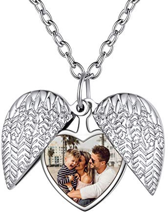 Custom4U Collana Personalizzata, Ali d'Angelo Cuore Foto Locket Ciondolo Portafoto Incisione del Testo Collana Argento Gioielli Donna Regalo Anniversario