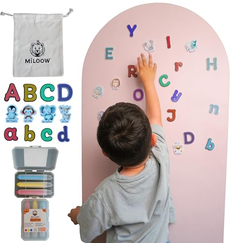 Miloow Magnettafel Kinder 100x60 – Deutsch beschriftete Tiermagnete, selbstklebende Magnetwand Kinder & Magnetfolie mit Buchstabenmagneten, Montessori Lernspielzeug für Kinderzimmer mit Stiften