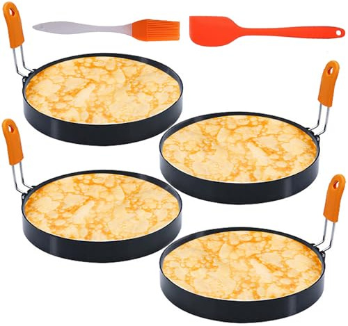 4 Packs 6 Inch Pancake Ring for Griddle, 6Omelette Ring for Griddle, Non-stick Stainless Steel Pancake Egg Ring Omelet Mold Pancake Mold Cake Mold Crumpet Circle Silicone Handle Spatula & Oil Brush