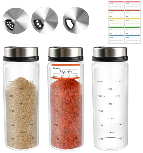 agctrler 3er Set Gewürzgläser 300ml aus Borosilikatglas, mit 4 verstellbaren Ausgabelöchern & Drehdeckel, luftdicht & spülmaschinenfest, für Küche, Esszimmer und Grill