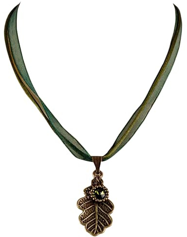 German Wear Trachtenkette mit Eichblatt Satin Chiffon Straßsteine Metall Tracht Kette