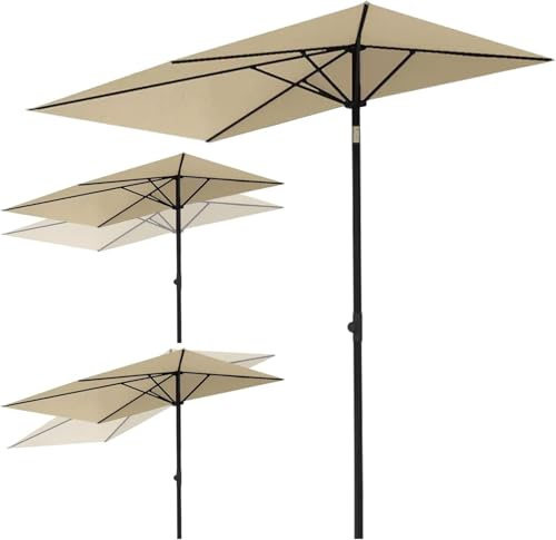 Parasol de terrasse demi rectangulaire marron clair avec réglage de la hauteur, bouton poussoir d'inclinaison, protection UV, imperméable, pour petits balcons, jardins, cours et piscines