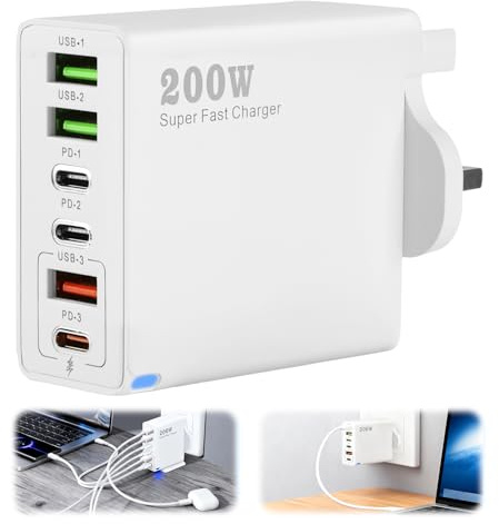 USB C Charging Station, 200W 6-Port Fast Charger Plug 100W/65W/45W/20W PD Power Adapter, Multi USB C Charger Hub for Mac-Book, De-ll, Steam-Deck, Phone 15/16/14 Pro, i-Pads
