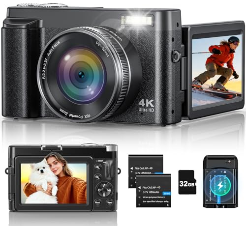 Appareil photo numérique 4K pour photographie, caméra de vlogging 48 MP avec autofocus, flash, écran rabattable à 180°, zoom 16x, carte 32 Go, 2 batteries et chargeur, appareil photo de voyage compact