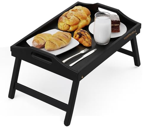 Mantraraj Bamboo Bed Tray Table with Foldable Legs And Handles Breakfast Tray for Sofa, Bed, Eating, Platters, Working, Serving, Drawing, Laptop Stand, Wooden Snack Tray Used As Lap Tray (Black)