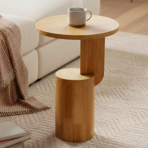 Cagnolier Beistelltisch Rund, Beistelltisch Holz, Couchtisch Klein mit Ablage, Wohnzimmertisch aus Holz für Wohnzimmer, Schlafzimmer oder Balkon, Nachttisch Klein, Sofatisch Naturfarbe, Ø40xH56cm